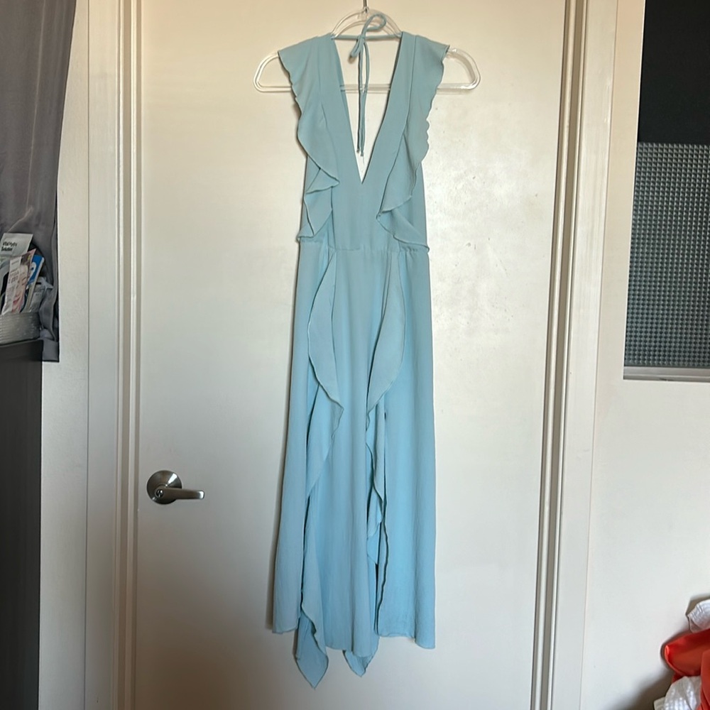 ZARA WOMANS SS22 PASTEL BLUE SLIT RUFFLED MIDI DRESS SZ M - Picture 3 of 10